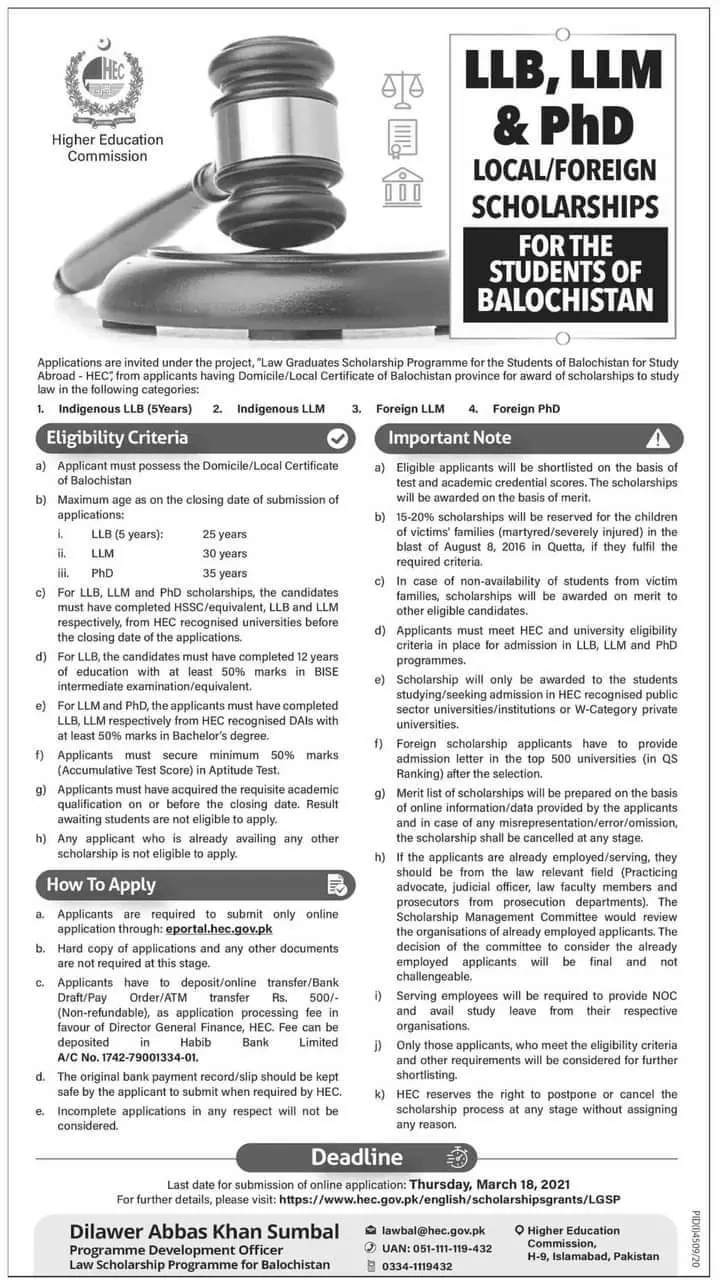 HEC Law Scholarship for Balochistan – Higher Education Commission Islamabad Scholarships 2021 — original advertisement