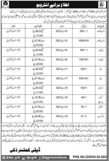 Interview Schedule Jobs in Deputy Commissioner office Duki – Govt of Balochistan Jobs 2021 — original advertisement