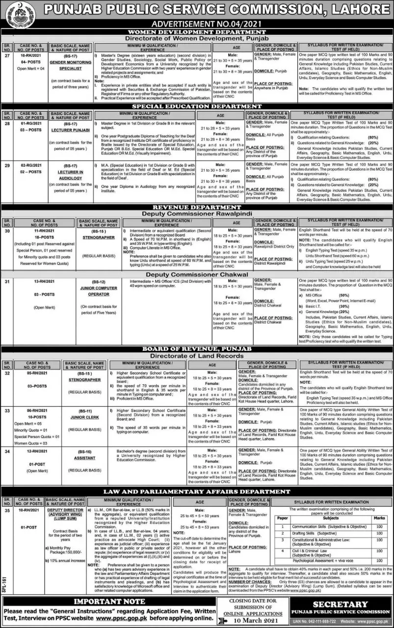 Punjab Public Service Commission PPSC Jobs 04/2021 – Punjab Public Service Commission Lahore Jobs 2021 — original advertisement