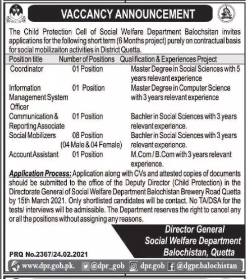 Jobs In Social Welfare Department Balochistan – Social Welfare Departmen Balochsitan Jobs 2021 — original advertisement