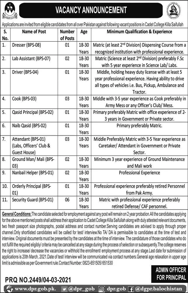 Cadet College Killa Saifullah Jobs 2021 – Cadet College Killasaifullah Balochsitan Jobs 2021 — original advertisement