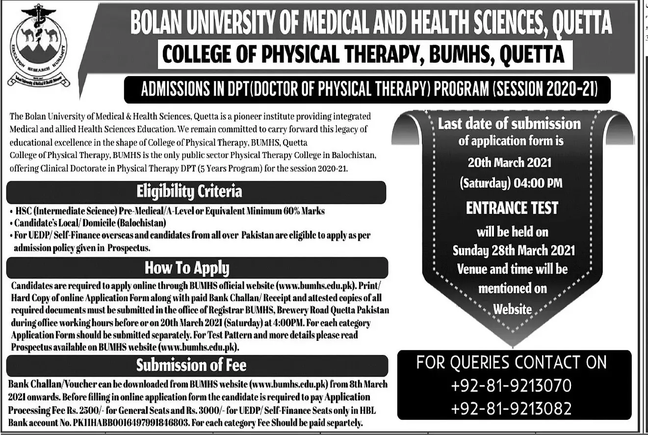 College of Physical Therapy  BUMHS Quetta – Bolan University Of Medical And Health Sciences, Quetta Jobs 2021 — original advertisement