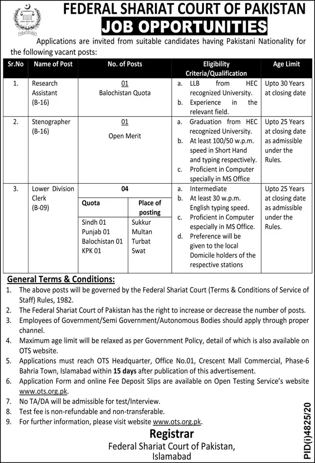 Federal Shariat Court Islamabad Jobs 2021 Jobs 2021 — original advertisement