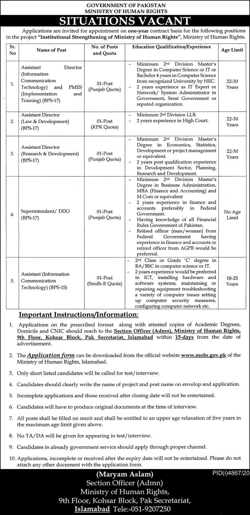 Ministry of Human Rights Latest Jobs Jobs 2021 — original advertisement