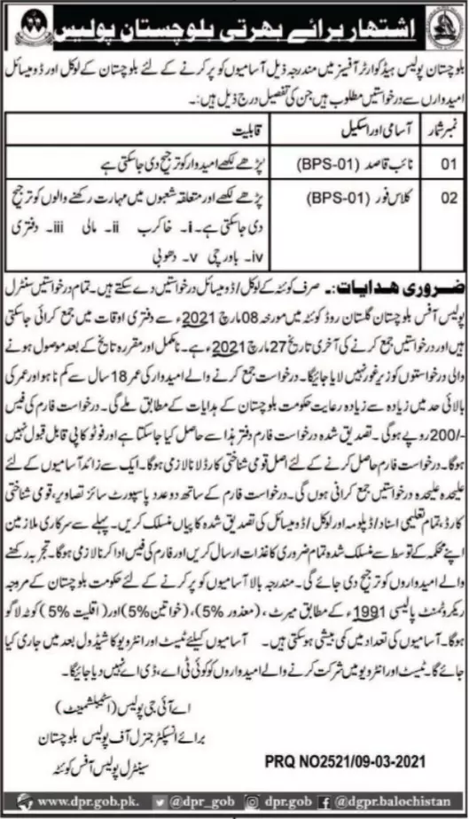 Balochistan Police Latest Jobs 2021 – Balochistan Police Department Jobs 2021 — original advertisement