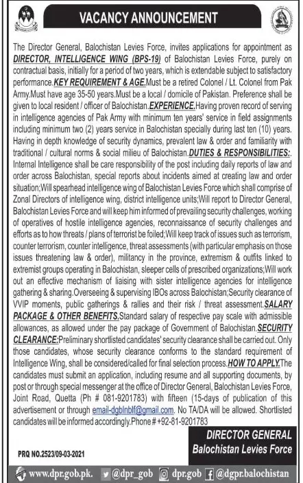 Balochistan Levies Force Jobs 2021 Jobs 2021 — original advertisement