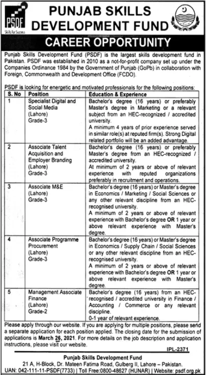 Punjab Skills Development Fund Jobs 2021 Jobs 2021 — original advertisement