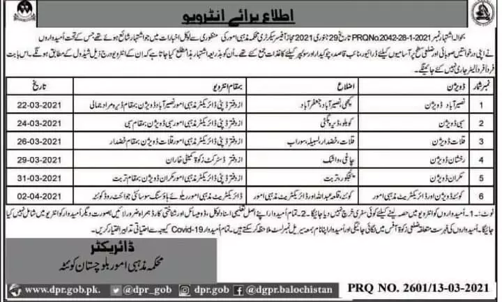 Interviews Religious Affairs Department Balochistan Jobs 2021 — original advertisement