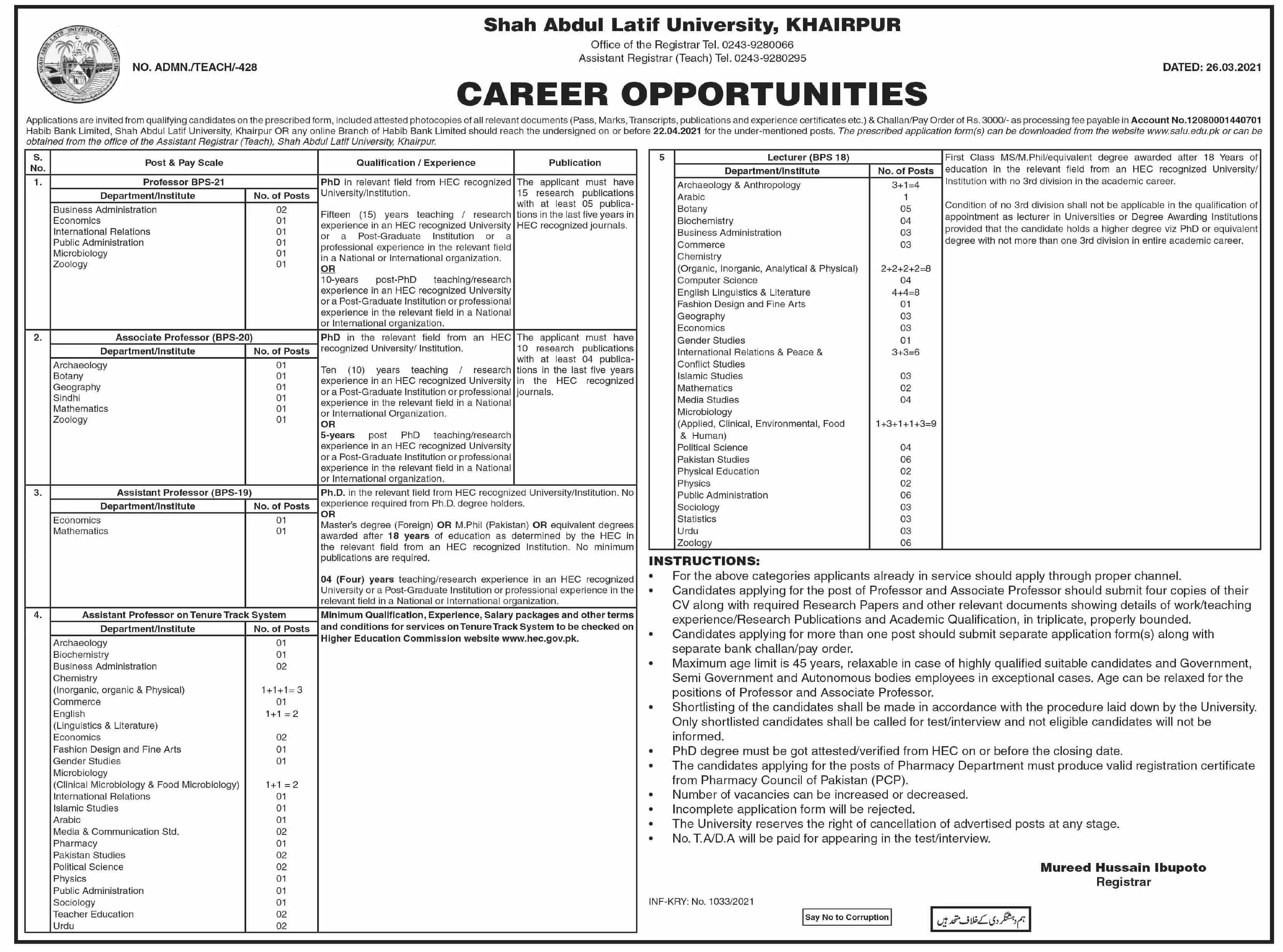 Shah Abdul Latif University Khairpur Sindh jobs 2021, Jobs 2021 — original advertisement