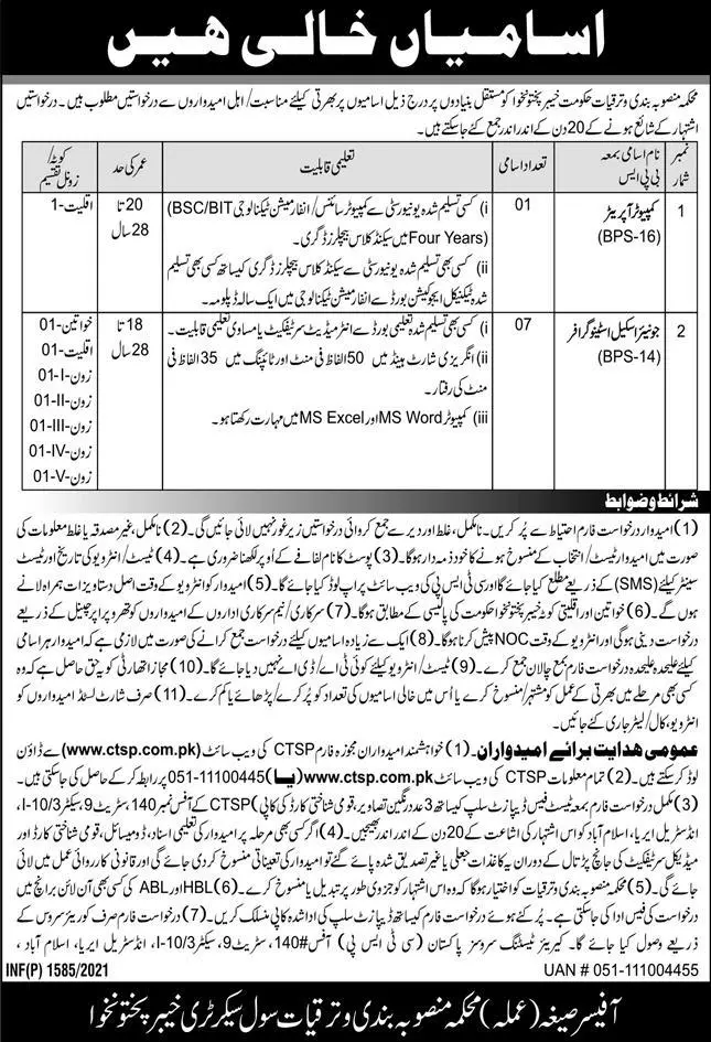 Planning and Development Department Kpk Jobs 2021 – Planning & Development Department KPK Jobs 2021 — original advertisement