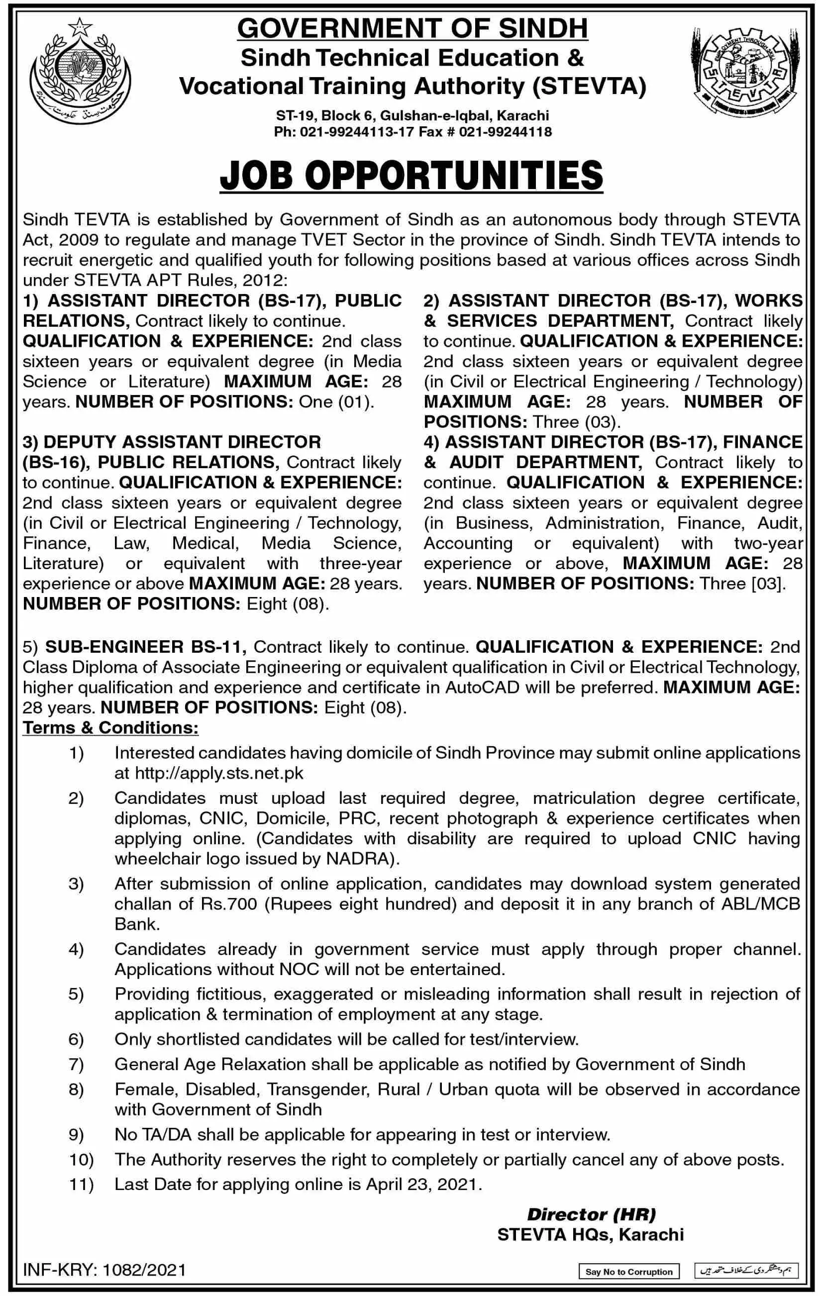 STEVTA Technical Education and Vocational Training Jobs – Sindh Technical Education and Vocational Training Authority Jobs 2021 — original advertisement