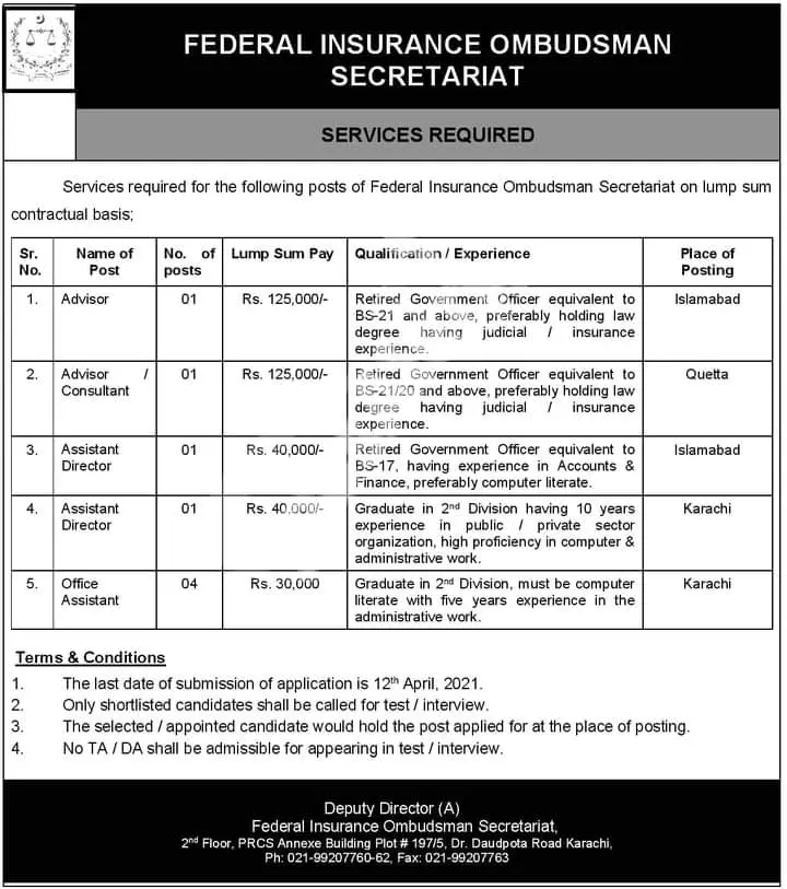 Federal Insurance Ombudsman Secretariat Islamabad Jobs – Federal Insurance Ombudsman Pakistan Jobs 2021 — original advertisement