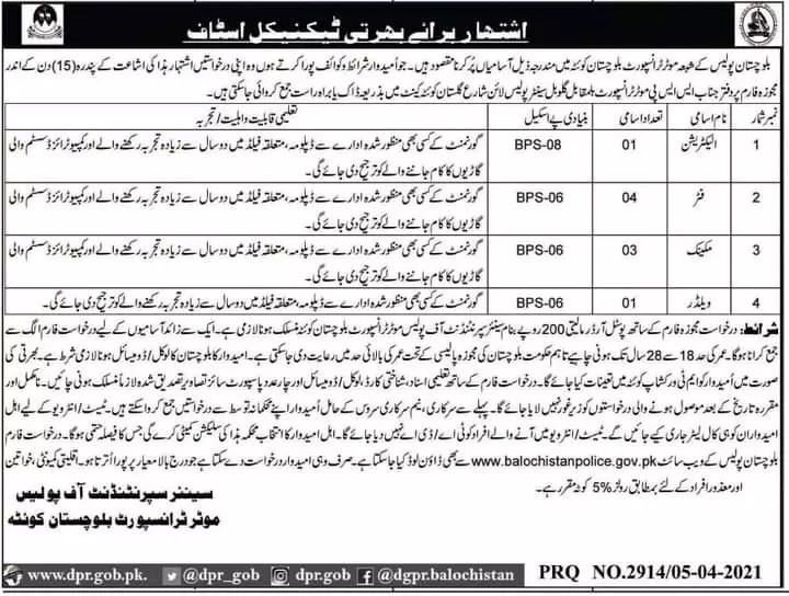 Jobs in Balochistan Poilce – Balochistan Police Department Jobs 2021 — original advertisement