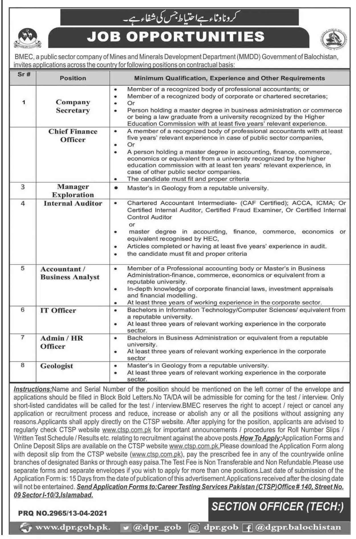 Jobs in Mines and Minerals Development Department – Mines and Minerals Department Balochistan Jobs 2021 — original advertisement