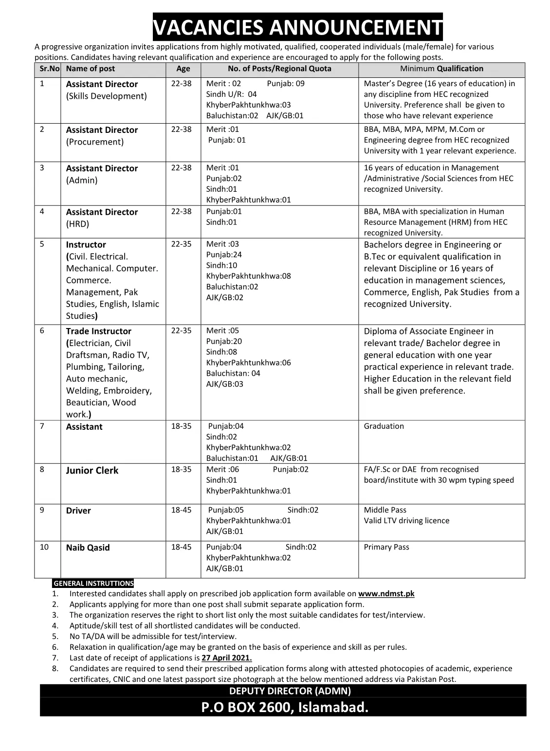 National Skills Development & Placement Programme jobs – Public Sector Organization Jobs 2021 — original advertisement