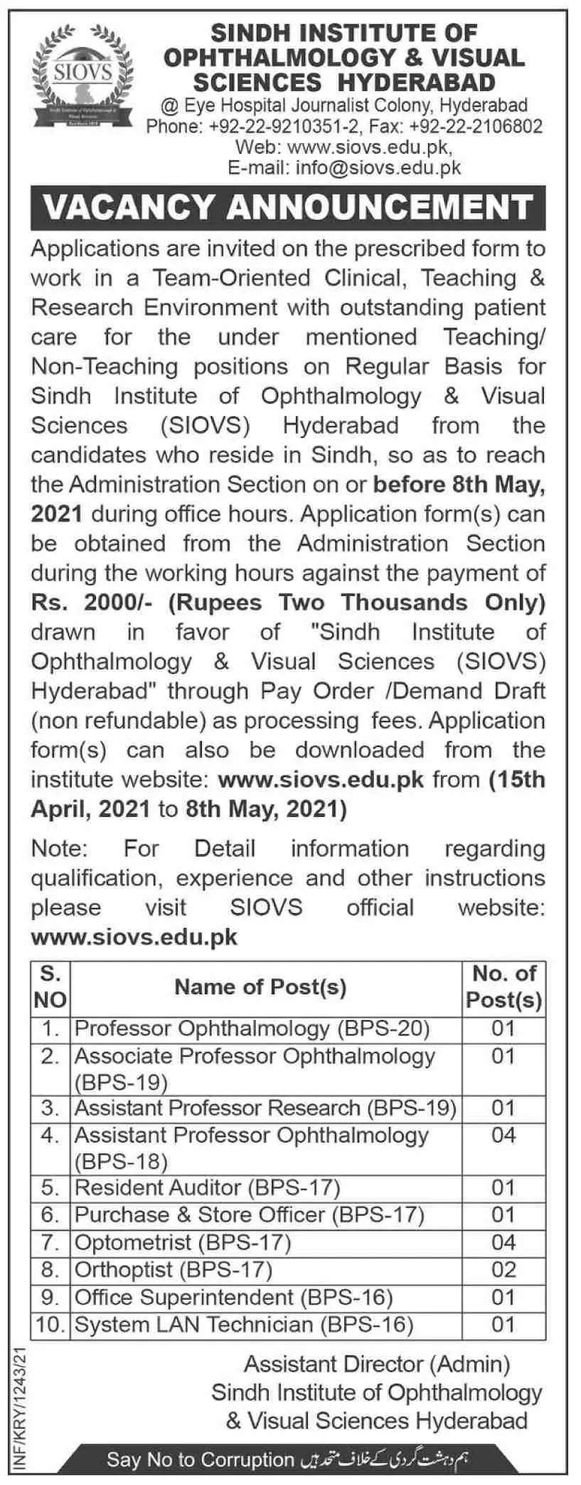 Sindh Institute Of Ophthalmology And Visual Sciences Jobs – Govt of Sindh Jobs 2021 — original advertisement