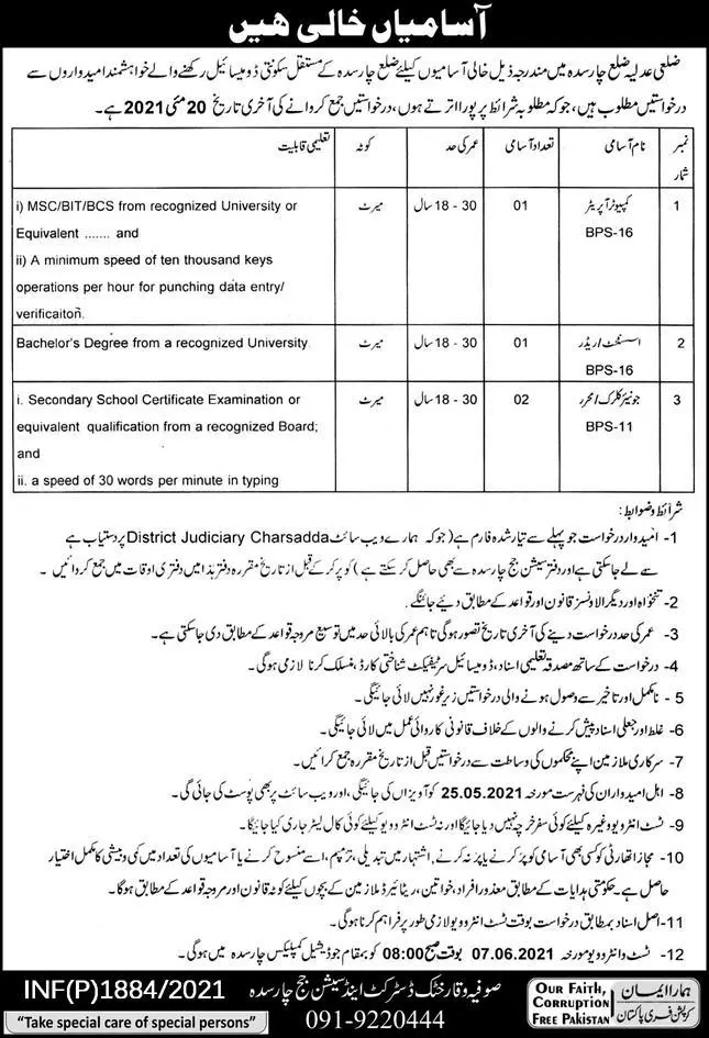 District and Session Charsadda Kpk Jobs 2021 – District And Sessions Judge , Charsadda Jobs 2021 — original advertisement