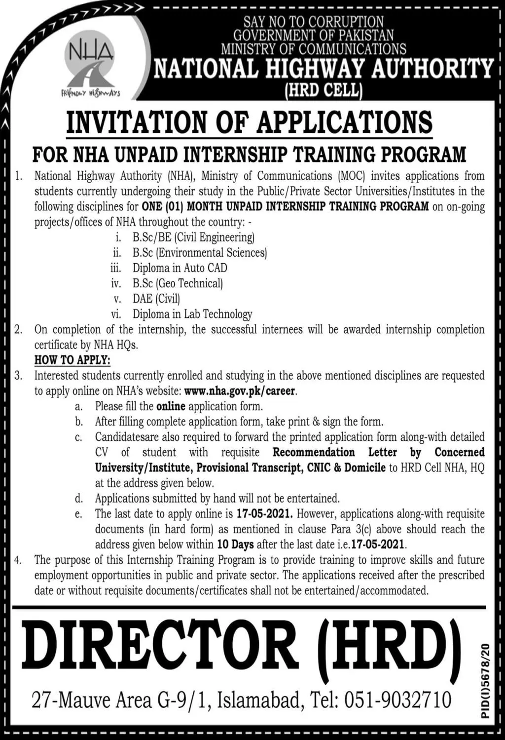 National Highway Authority NHA Internship – National Highway Authority Islamabad Jobs 2021 — original advertisement