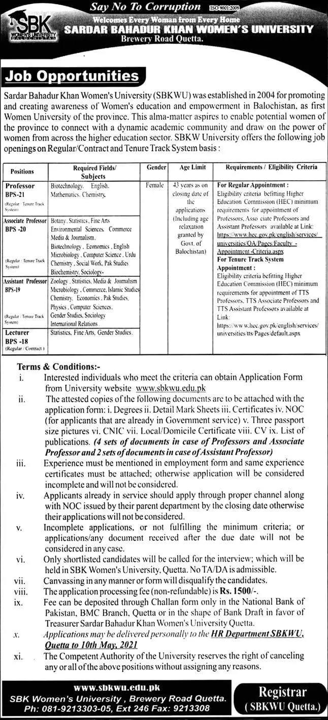 Sardar Bahdur Khan Women University Quetta Jobs 2021 – Sardar Bahadur Khan Women's University Quetta Jobs 2021 — original advertisement