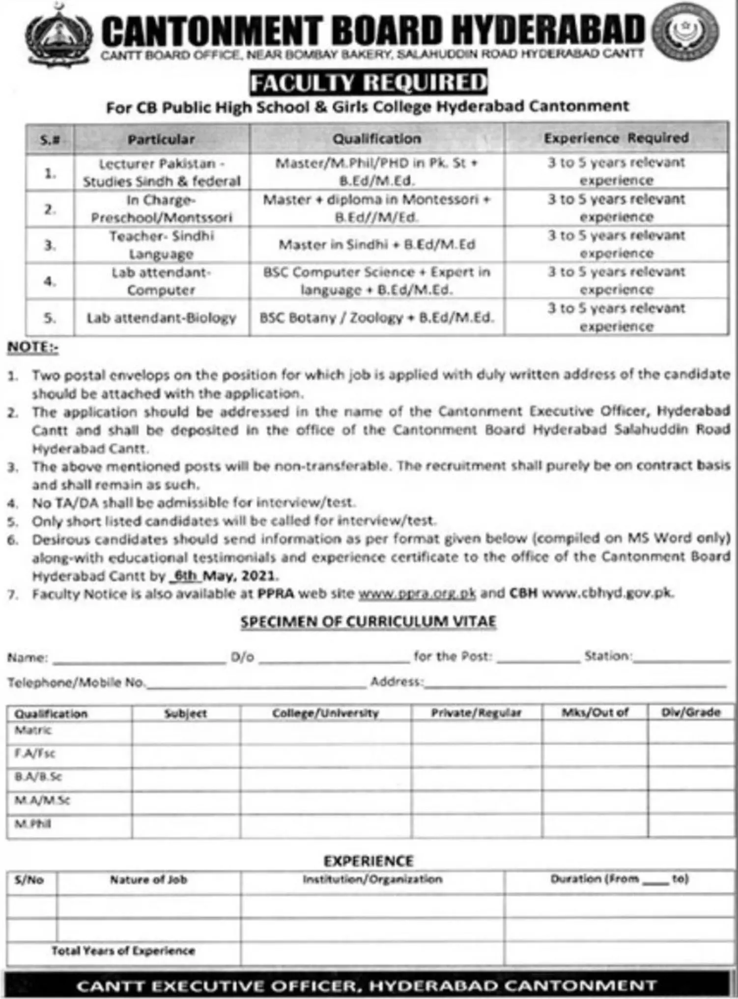 Cantonment Board Hyderabad Jobs 2021 Jobs 2021 — original advertisement