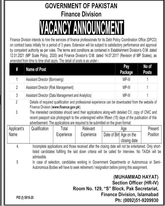 Finance Division Islamabad Jobs 2021 – Ministry of Finance Islamabad Jobs 2021 — original advertisement