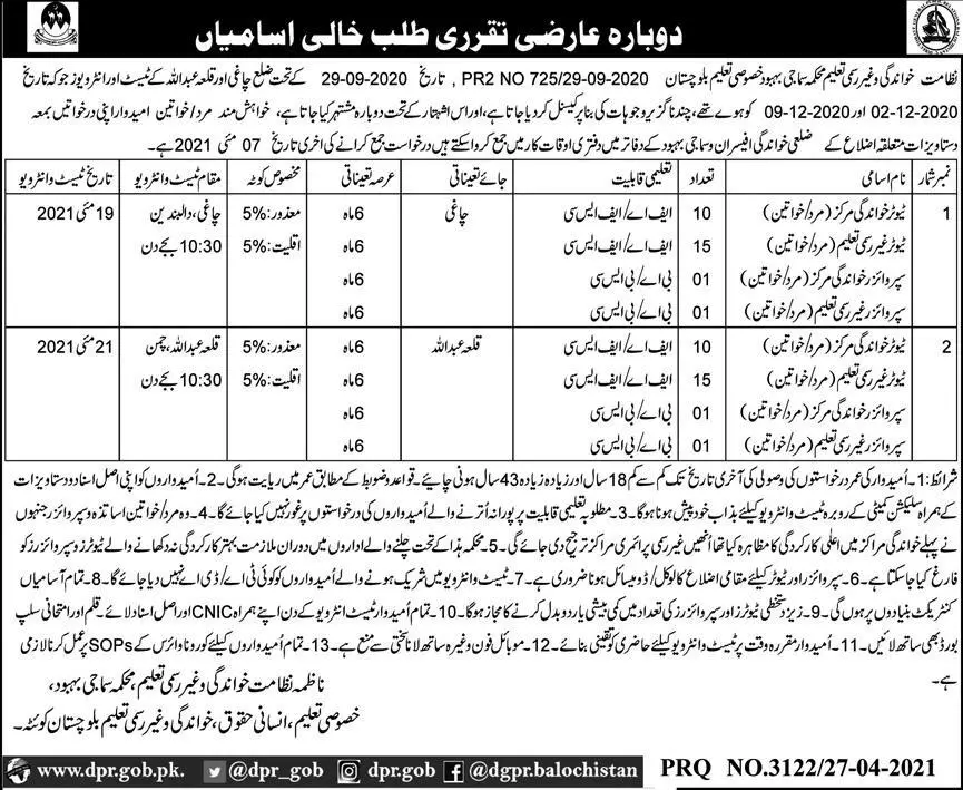 Interviews Social Welfare Department Balochistan – Social Welfare Departmen Balochsitan Jobs 2021 — original advertisement