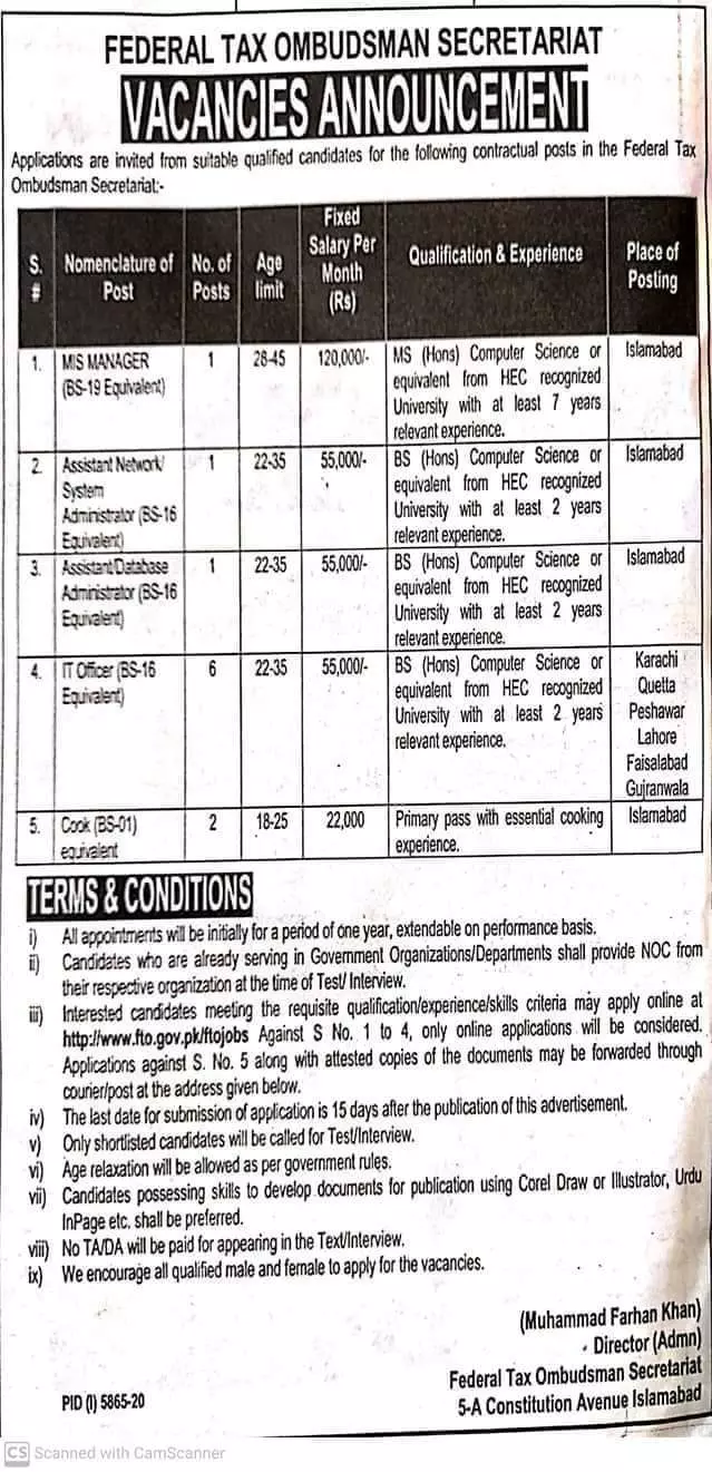 Federal Tax Ombudsman Jobs 2021 – Federal Tax Ombudsman Secretariat Pakistan Islamabad Jobs 2021 — original advertisement