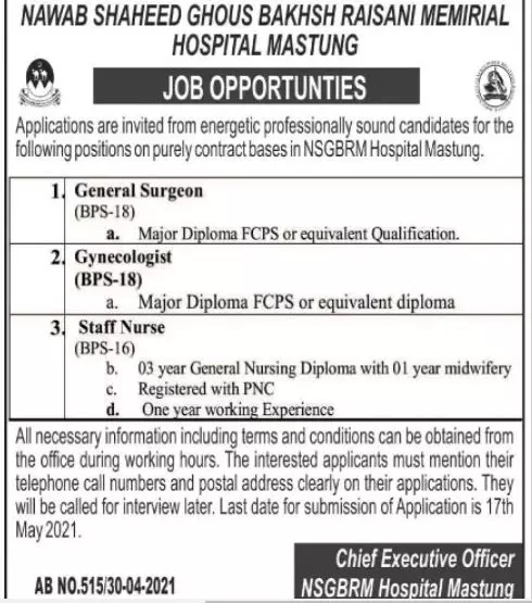 Nawab Shaheed Ghous Bakhsh Raisani Hospital Mastung Jobs – Nawab Shaheed Ghous Bakhsh Raisani Memorial Hospital Mastung Jobs 2021 — original advertisement