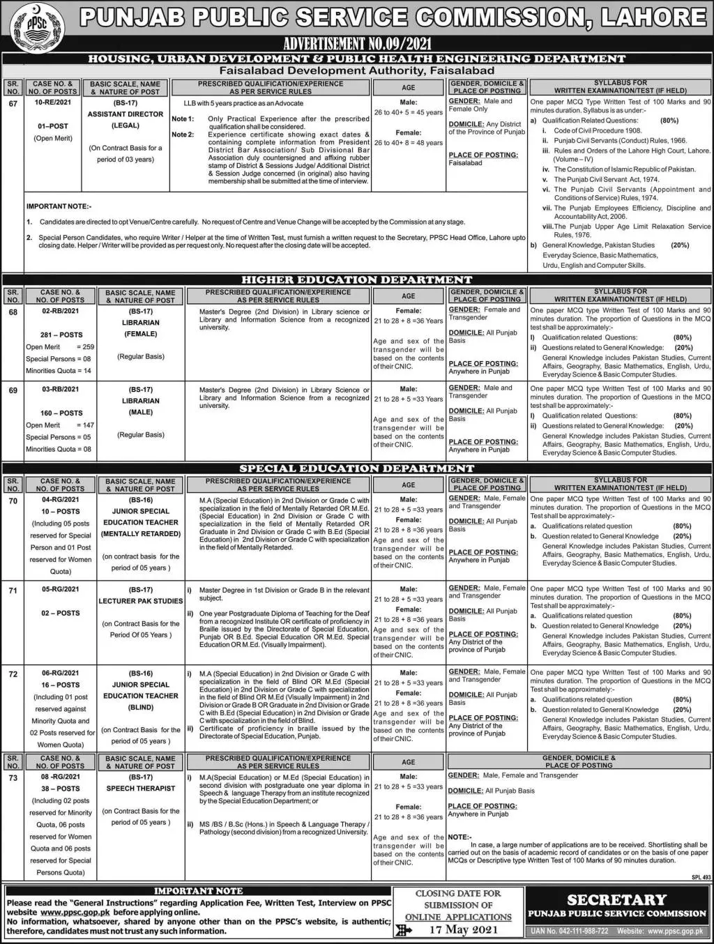 Punjab Public Service Commission Jobs 09/2021 – Punjab Public Service Commission Lahore Jobs 2021 — original advertisement