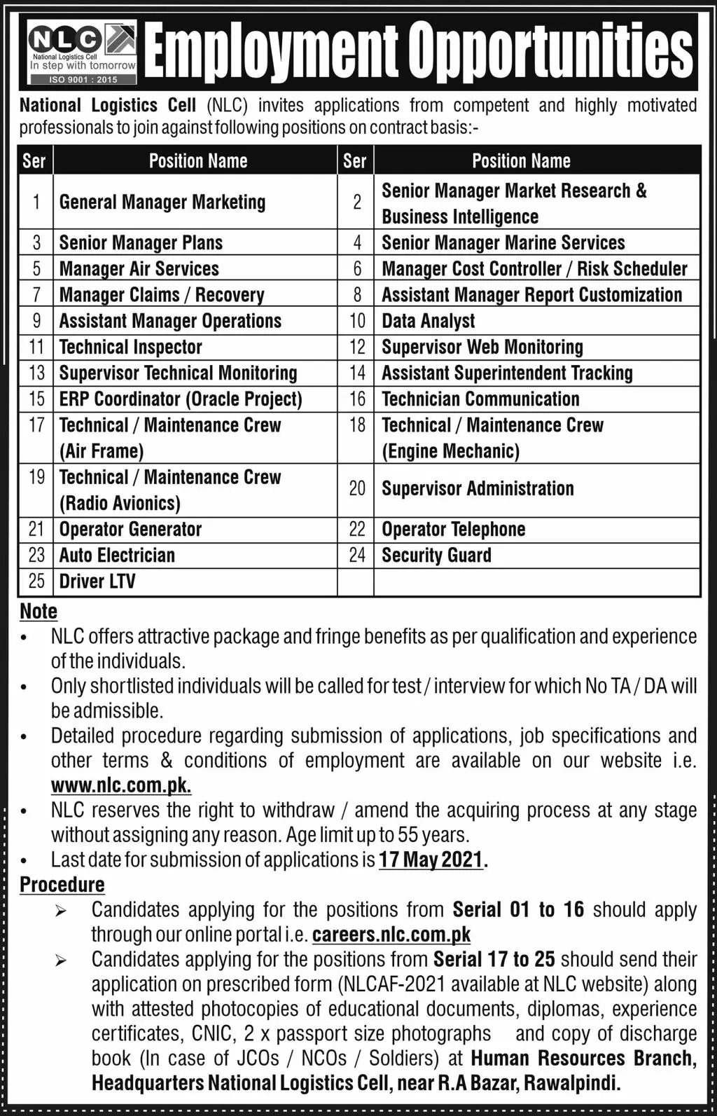 National Logistic Cell NLC Jobs 2021 – National Logistic Cell Rawalpindi Jobs 2021 — original advertisement