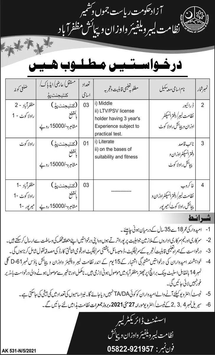 Labour Welfare AJK Jobs 2021 – Labour Welfare and Weight & Measures Azad Jammu & Kashmir Jobs 2021 — original advertisement