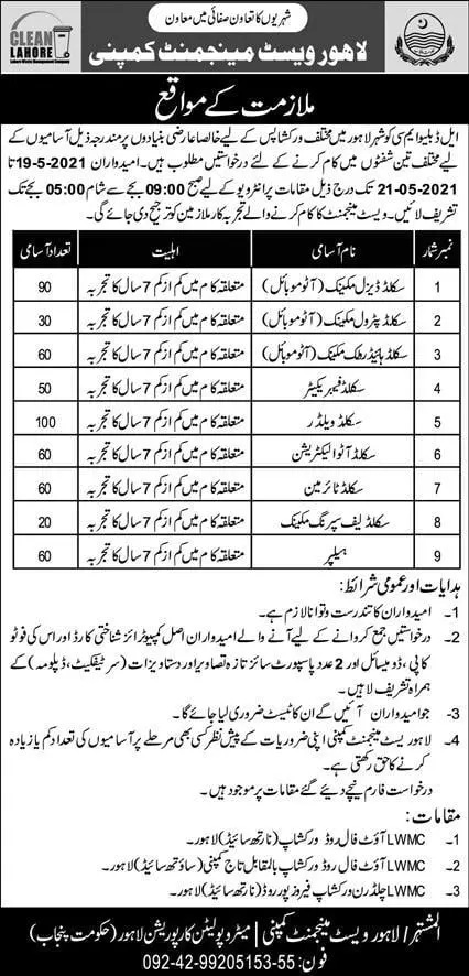 Jobs Lahore Waste Management Company – Lahore Waste Management Company Lahore Jobs 2021 — original advertisement