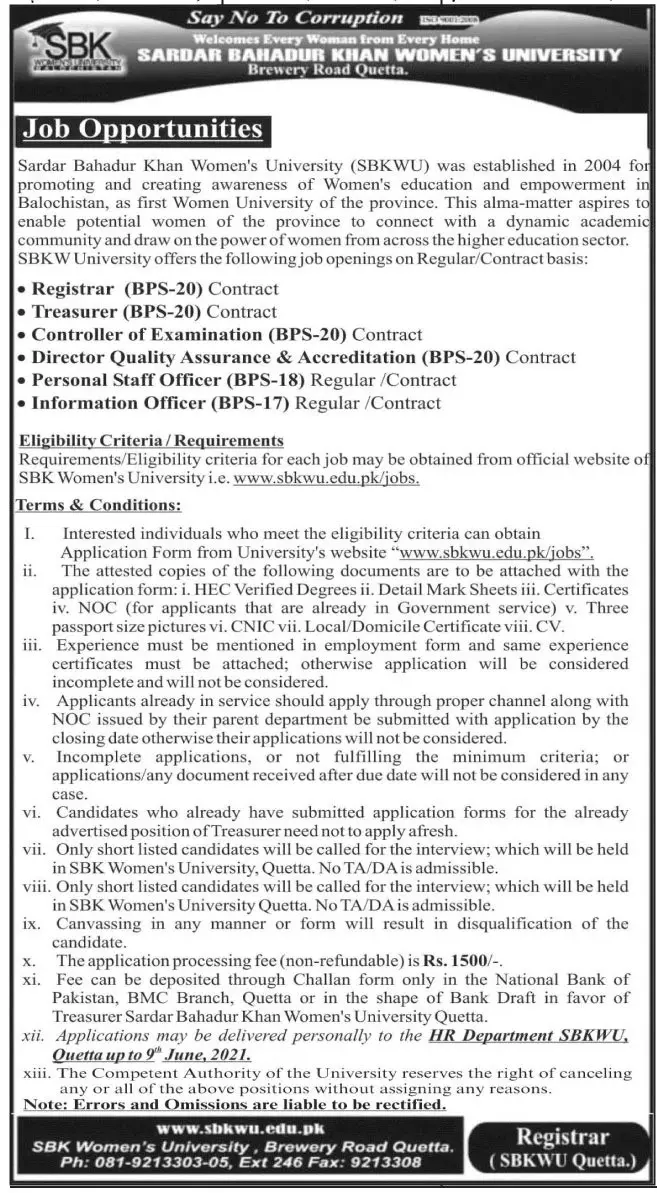 Jobs Sardar Bahdur Khan Women University Quetta – Sardar Bahadur Khan Women's University Quetta Jobs 2021 — original advertisement