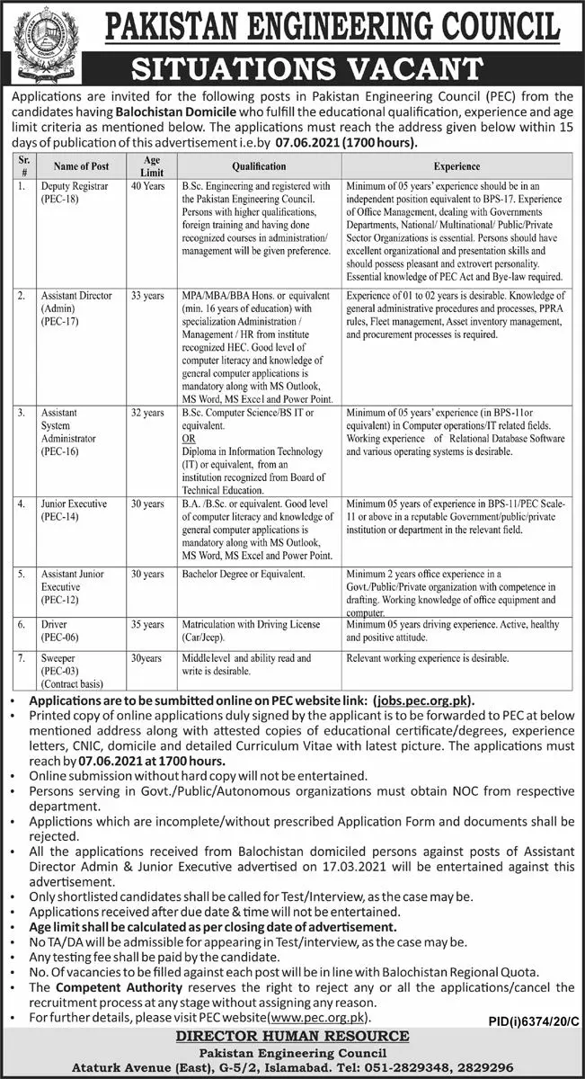 Jobs in Pakistan Engineering Council PEC – Pakistan Engineering Council (PEC) Jobs 2021 — original advertisement