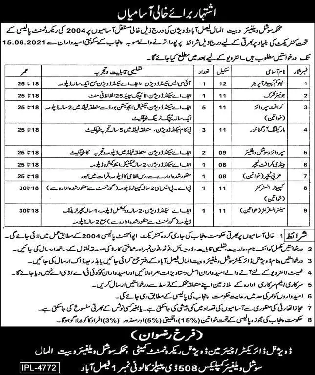 Jobs Social Welfare and Bail-ul-Mal Faisalabad – Social Welfare & Bait-Ul-Maal Department Punjab Jobs 2021 — original advertisement