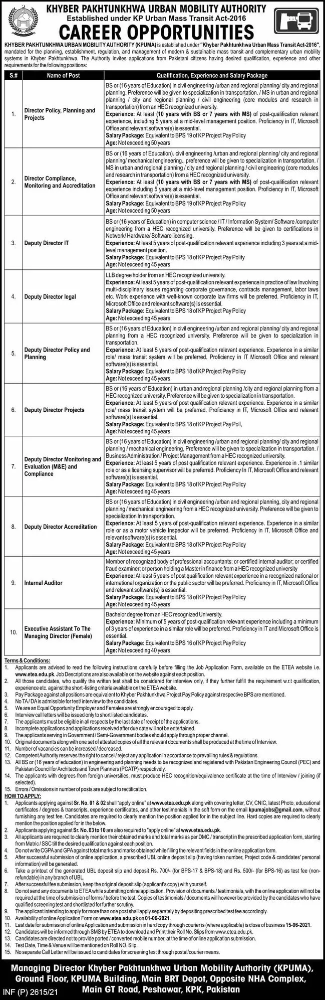 Jobs Khyber Pakhtunkhwa Urban Mobility Authority – Urban Mobility Authority Kpk Jobs 2021 — original advertisement