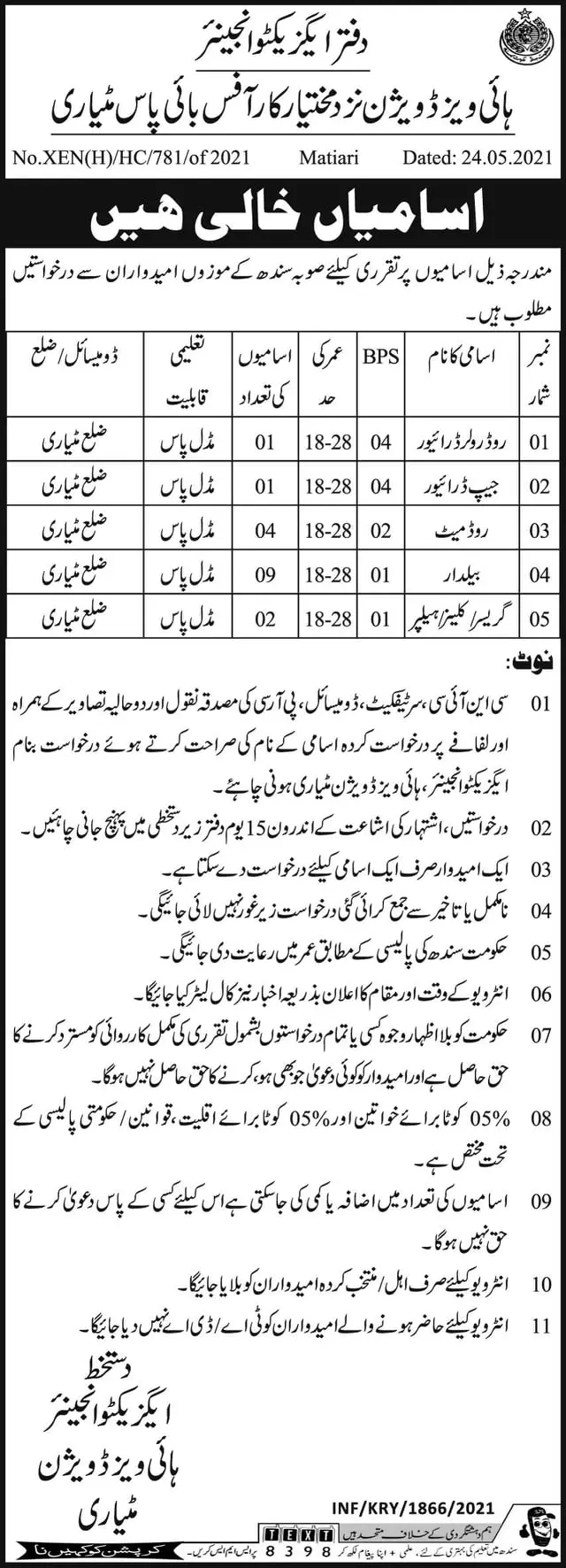 Jobs Highways Division Mityari Sindh – Works & Services Department Sindh Jobs 2021 — original advertisement