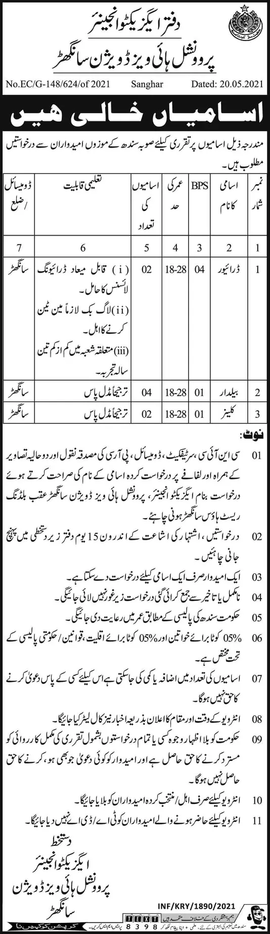 Jobs Highways Division Sanghar Sindh – Works & Services Department Sindh Jobs 2021 — original advertisement