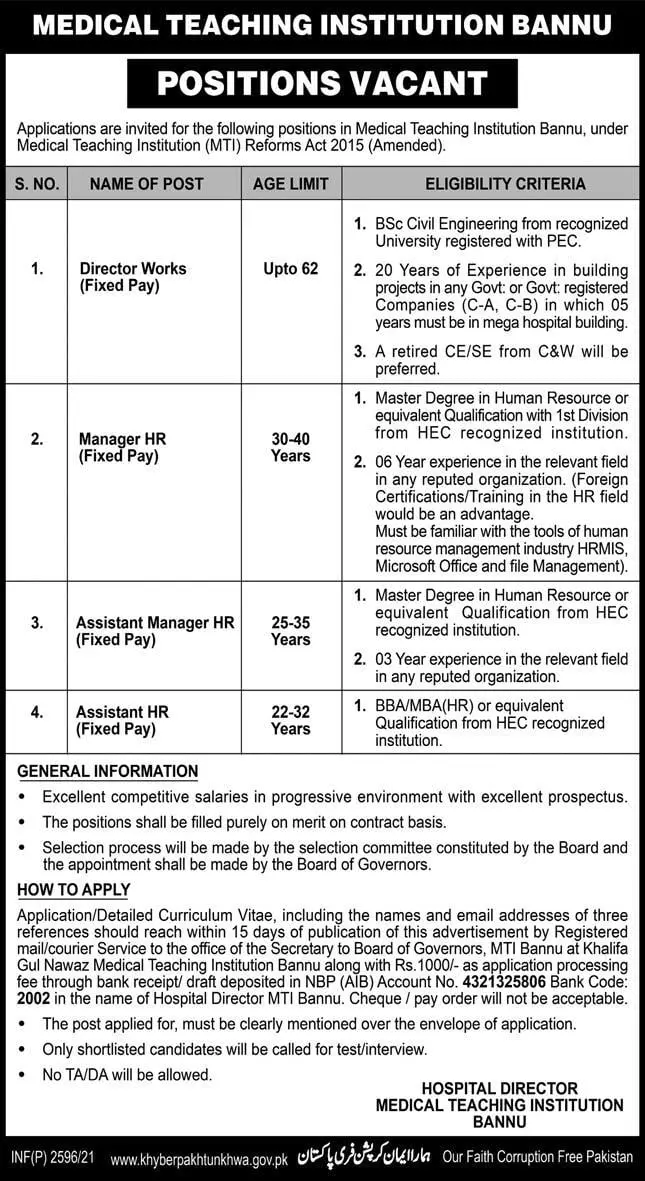 Jobs Medical Teaching Institute MTI Bannu – Medical Teaching Institution Bannu Jobs 2021 — original advertisement