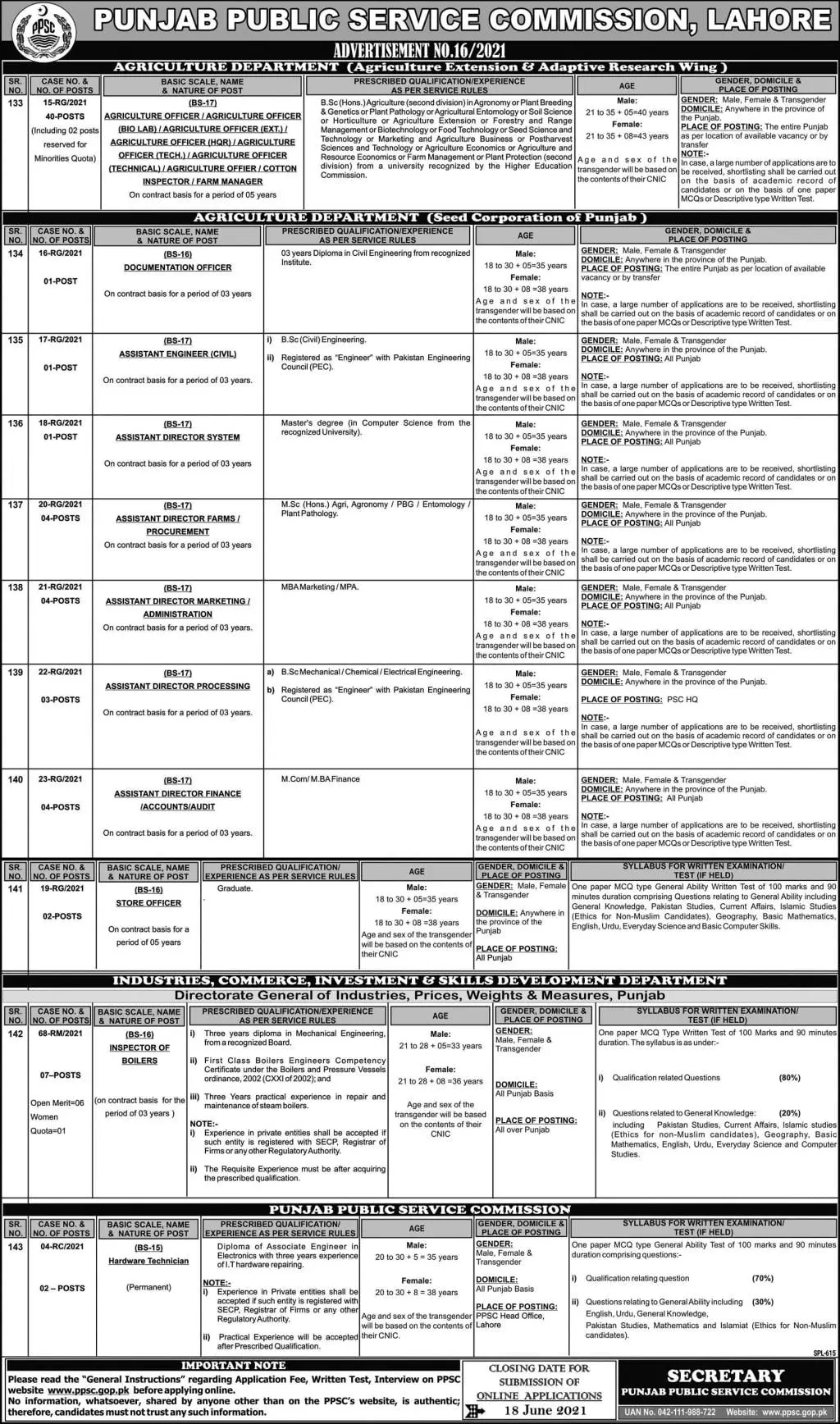 Punjab Public Service Commission PPSC Jobs 16-2021 – Punjab Public Service Commission Lahore Jobs 2021 — original advertisement
