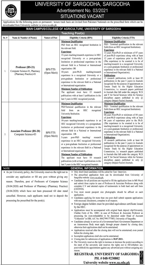University Of Sargodha Teaching Jobs 2021 Jobs 2021 — original advertisement