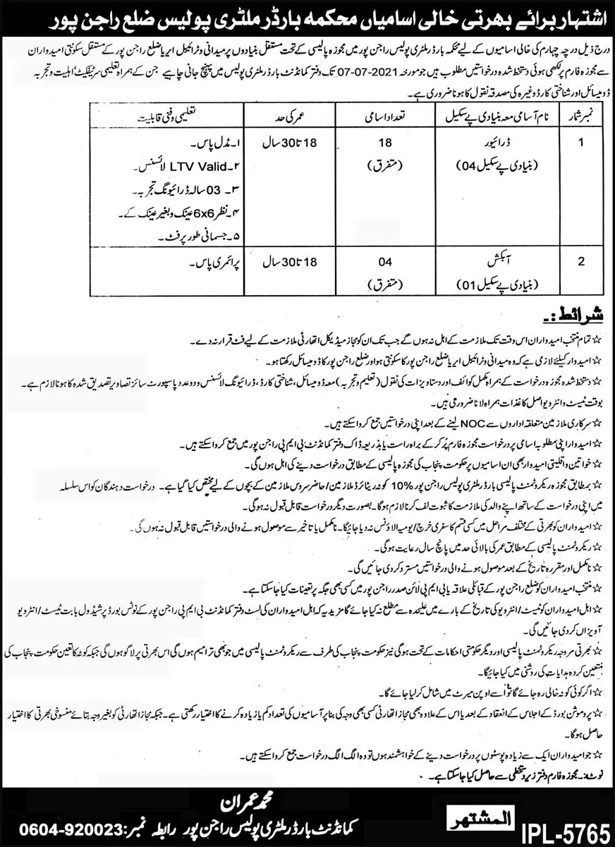 Jobs Border Military Police Rajan Pur – Border Military Police Punjab Jobs 2021 — original advertisement