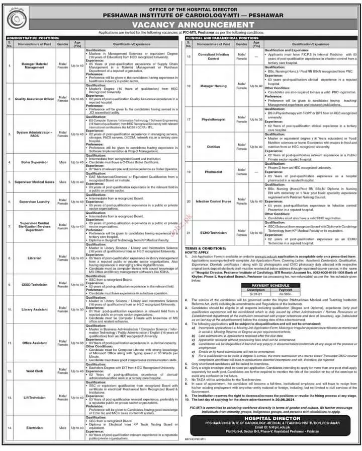 Jobs Peshawar Institute of Cardiology PCI Kpk Jobs 2021 — original advertisement