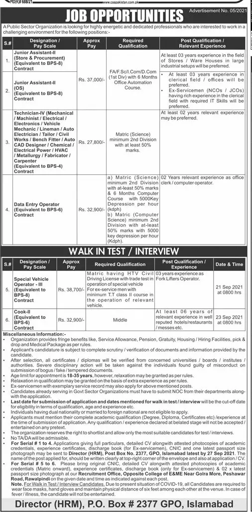 Jobs Public Sector Organization Islamabad Jobs 2021 — original advertisement