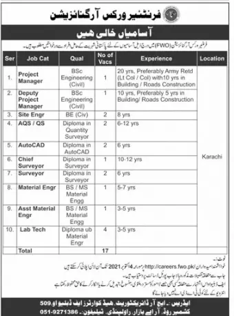 Frontier Works Organization FWO Jobs Jobs 2021 — original advertisement