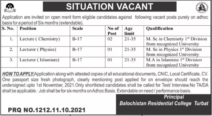 Jobs in Balochistan Residential College – Balochistan Residential College Turbat Jobs 2021 — original advertisement