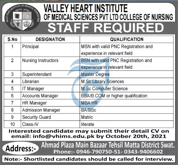 Jobs in Heart Institute of Medical Science – Valley Heart Institute of Medical Sciences Swat Jobs 2021 — original advertisement
