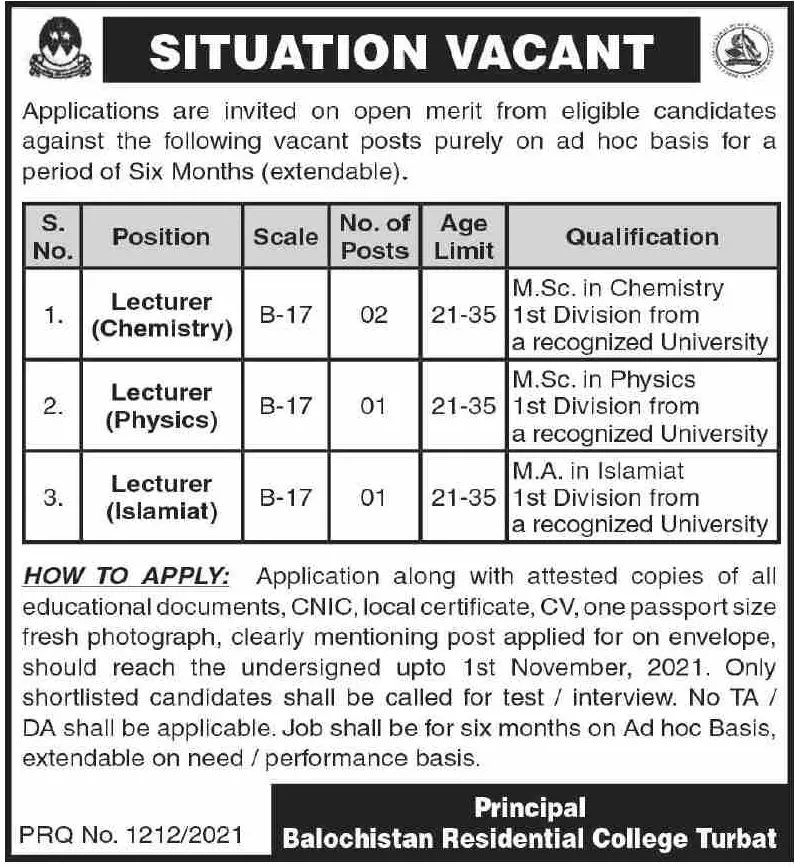 Jobs in Balochistan Residential college Turbat Jobs 2021 — original advertisement