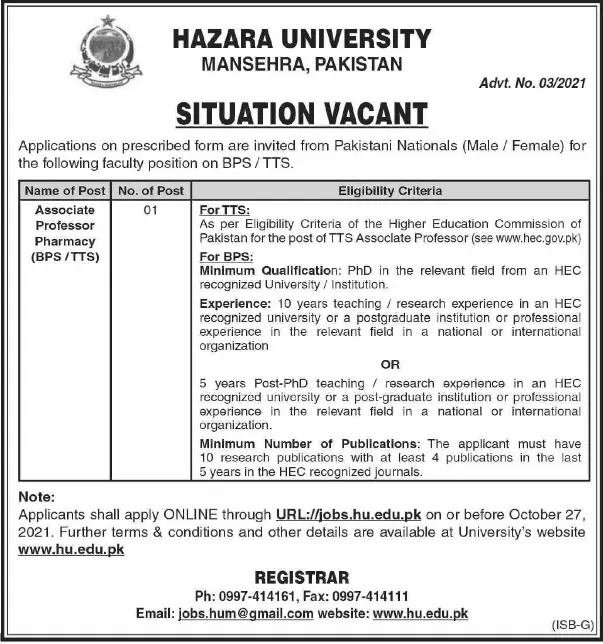 Jobs in Hazara University Mansehra Jobs 2021 — original advertisement