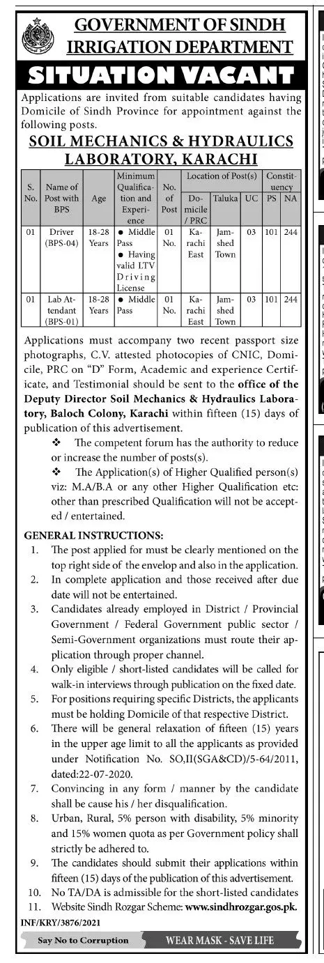 Jobs in Irrigation Department Sindh Jobs 2021 — original advertisement